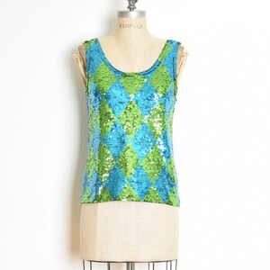 vintage 80s top blue green sequin harlequin diamond shirt blouse trophy S M
