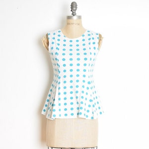 vintage 80s top white teal polka dot print tank top shirt blouse XS S clothing