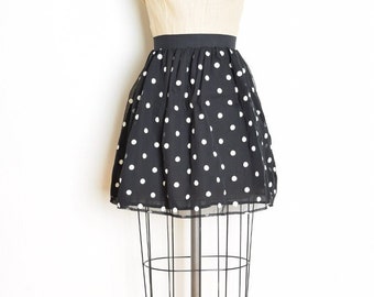 vintage 80s skirt black chiffon white polka dot print high waisted short mini XS clothing