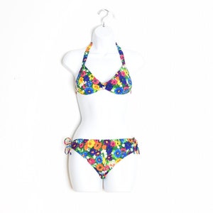 vintage 60s bikini swimsuit watercolor floral print two piece colorful mod XS S clothing image 1