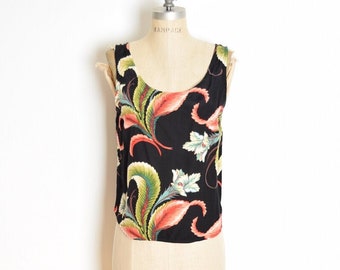 vintage 90s tank top tropical Hawaiian print black floral shirt blouse S clothing