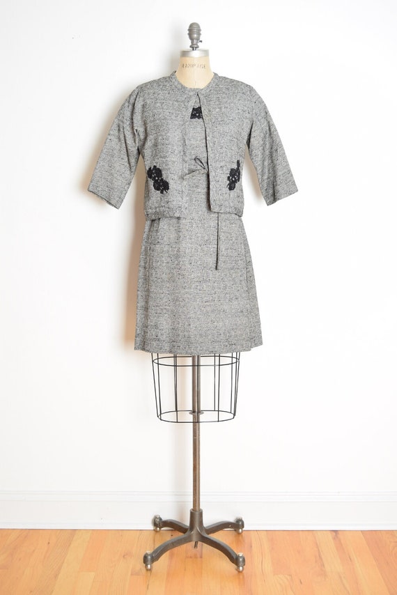 vintage 60s dress jacket set gray black crochet t… - image 2