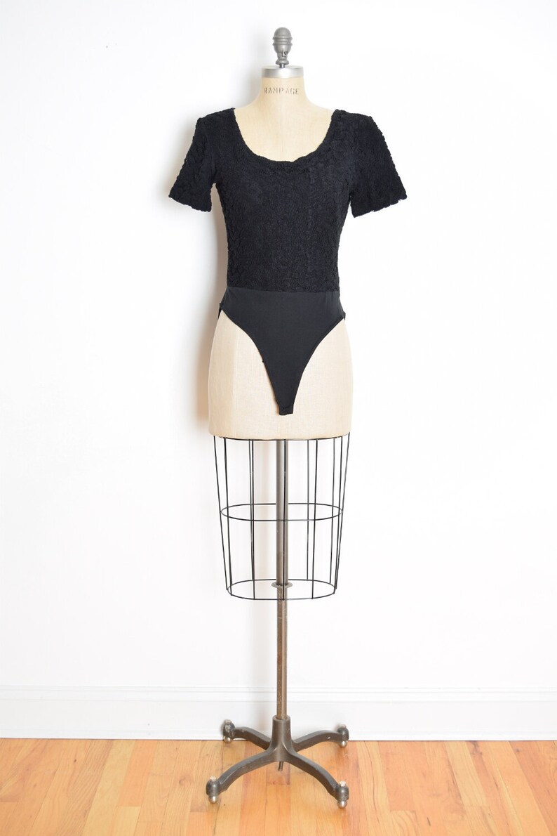 vintage 90s bodysuit top black crochet one piece shirt tee goth M