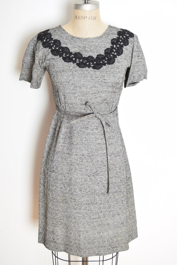vintage 60s dress jacket set gray black crochet t… - image 3