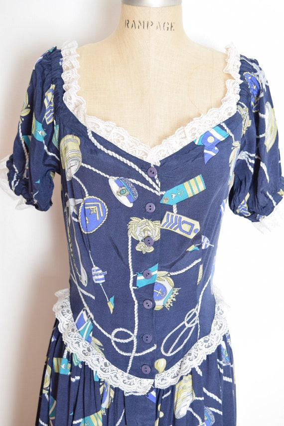 vintage 90s dress navy blue nautical scarf print … - image 3