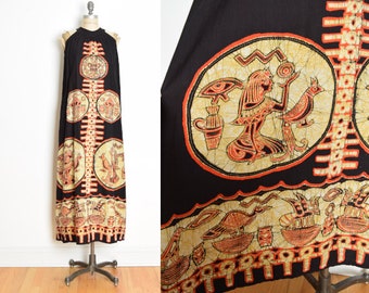 vintage 70s sun dress black Egyptian batik print hippie boho long maxi M clothing