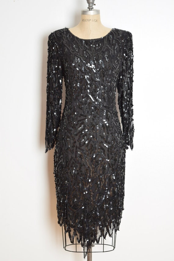 vintage 80s dress black silk sequin beaded feathe… - image 2