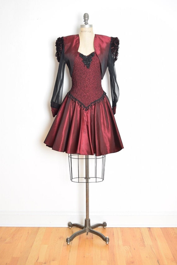 vintage 80s prom dress burgundy taffeta full short