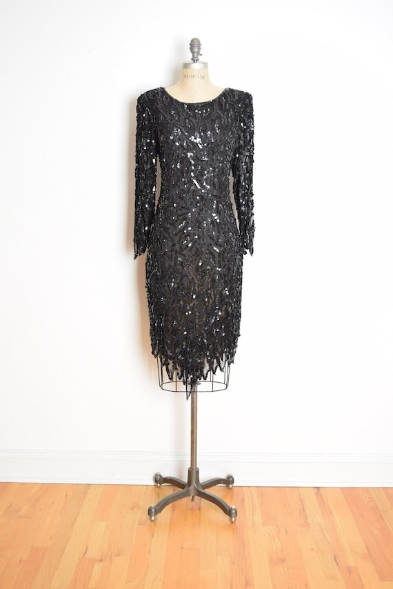 vintage 80s dress black silk sequin beaded feathe… - image 1