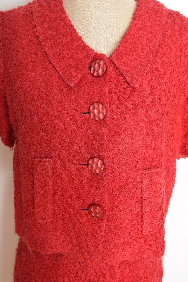 vintage 60s skirt suit jacket set red boucle wool mohair outfit secretary set L clothing image 3