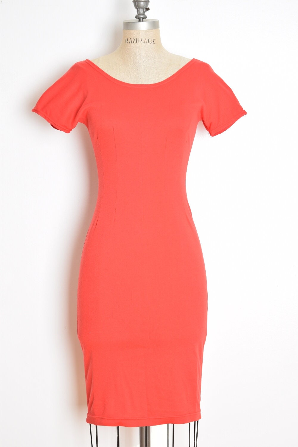 dress knitted vintage bandage Vintage 90s Dress Red Knit Bandage Bodycon Tight Wide Neck Mini Dress XS S