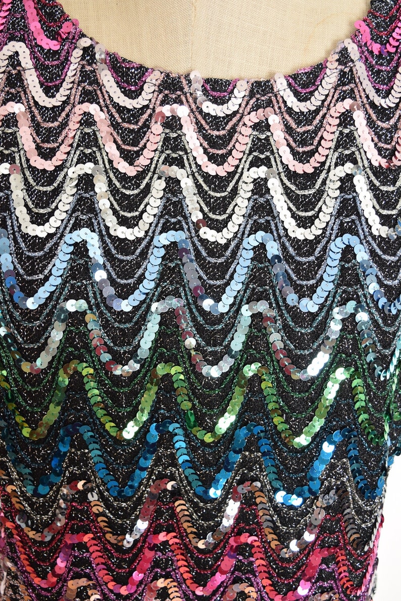 vintage 70s top black metallic sequin gradient disco colorful shirt blouse M clothing image 4