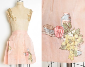 vintage 50s apron sheer pink applique kitchen print fruit organza tie back