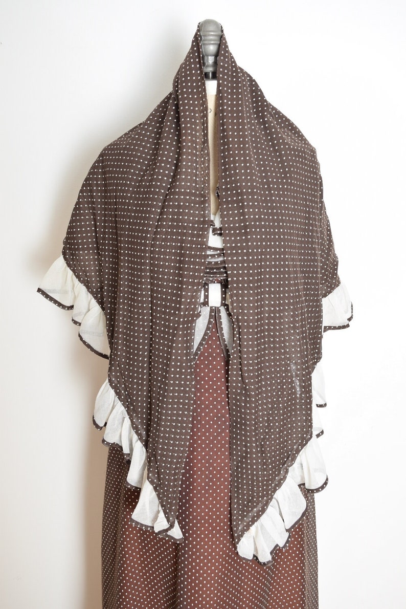 vintage 70s dress Miss Elliette polka dot ruffle long halter maxi prom XS brown clothing shawl set image 7