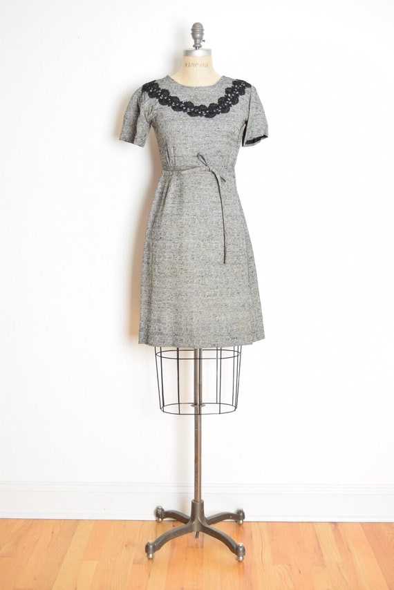 vintage 60s dress jacket set gray black crochet t… - image 1