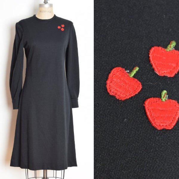 vintage 70s dress black embroidered apples knit hippie boho midi XS S clothing