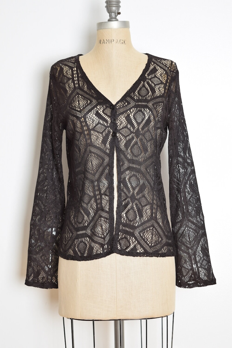vintage 90s cardigan sheer black crochet bell sleeve goth lace jacket top M medium clothing