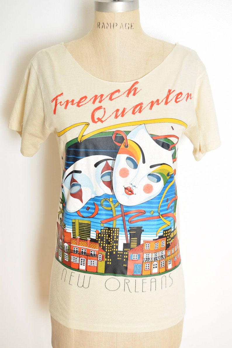 vintage 80s tee cream New Orleans mask print French Quarter top t-shirt S tourist souvenir image 2
