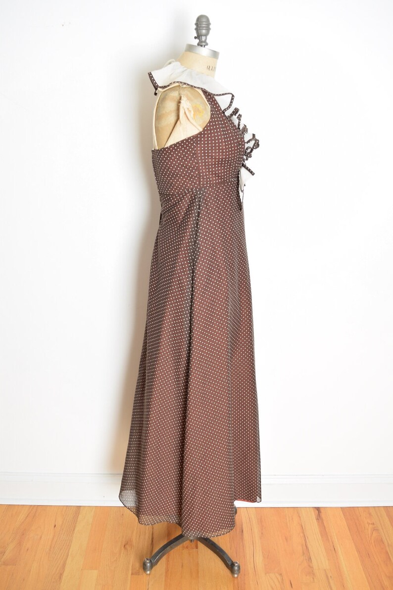 vintage 70s dress Miss Elliette polka dot ruffle long halter maxi prom XS brown clothing shawl set image 5
