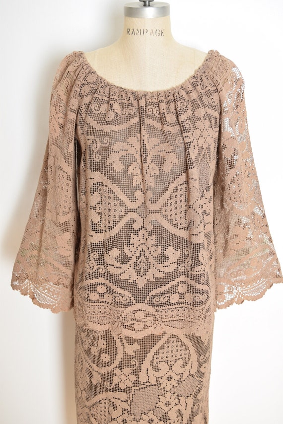 vintage 70s skirt top set brown crochet peasant h… - image 3