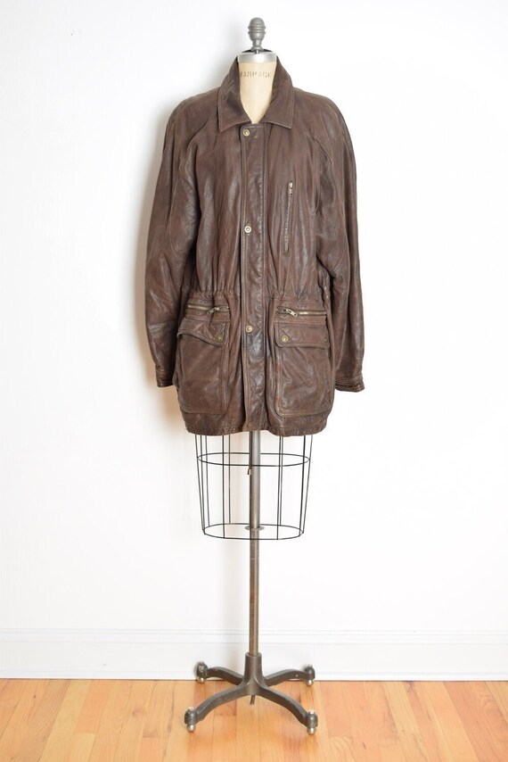 vintage 80s coat brown leather drawstring jacket X