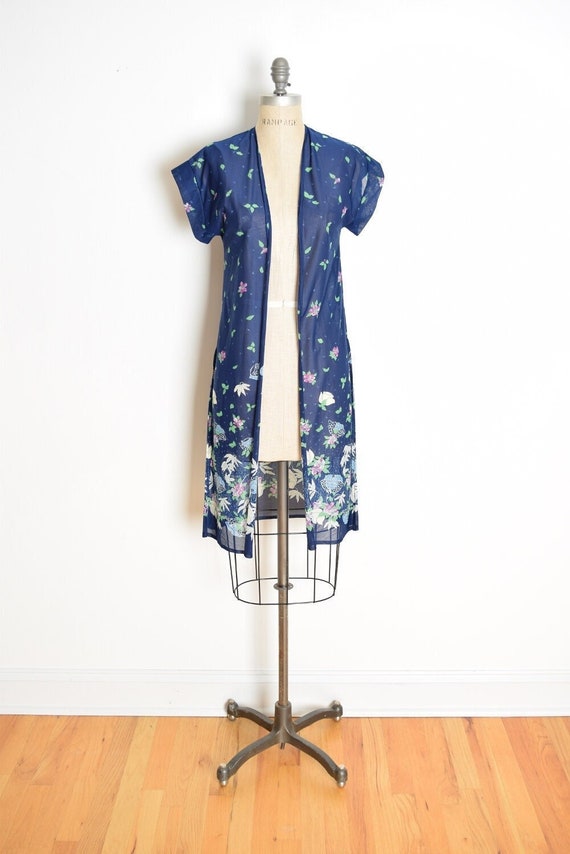 vintage 70s duster jacket navy blue sheer floral … - image 1