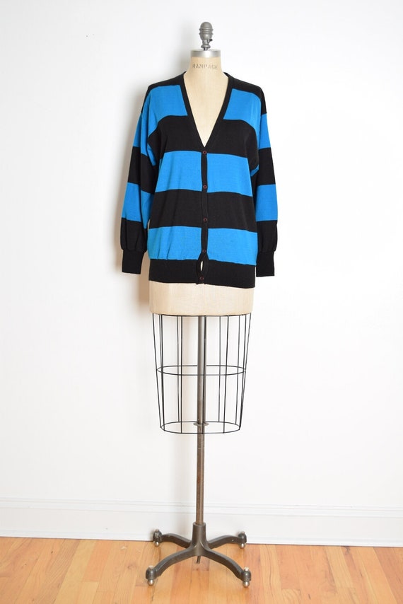 Vintage 80s Sweater Blue Black Wide Stripe Color Block Jumper Cardigan Top Clothing Etsy Ireland