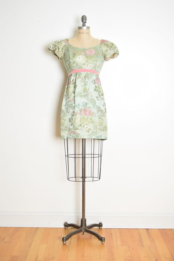 vintage 60s dress green pastel floral brocade puff