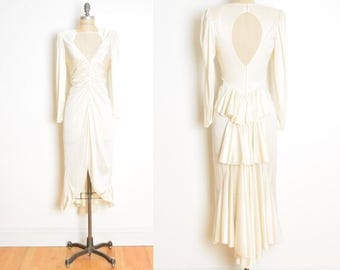 Robe de soirée vintage des années 80 à découpes crème, volant à plusieurs niveaux, cocktail de bal de promo froncé M