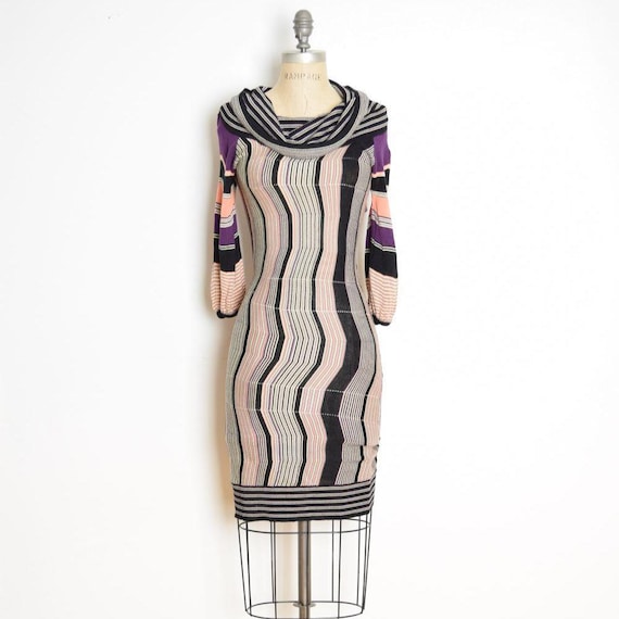 arden b bodycon dress Vintage Y2K Knit Zigzag Stripe Draped Cowl Black Purple XS slipons