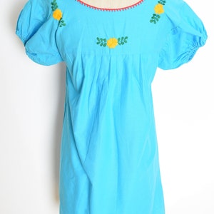 vintage 70s dress blue Mexican floral embroidered hippie boho mini cotton S clothing image 7