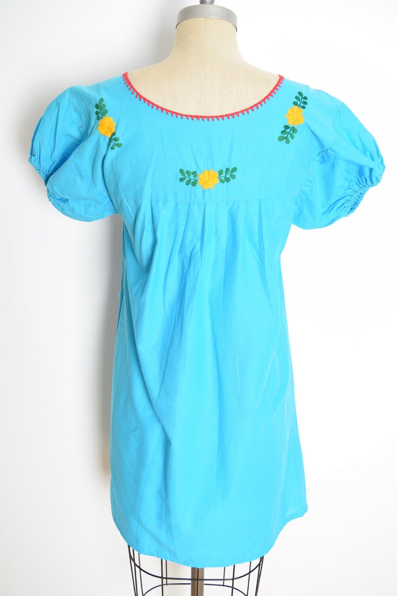 vintage 70s dress blue Mexican floral embroidered hippie boho mini cotton S clothing image 7