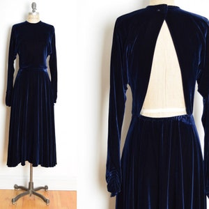 vintage 80s does 30s dress navy blue velvet backless cutout party gown XS S image 1