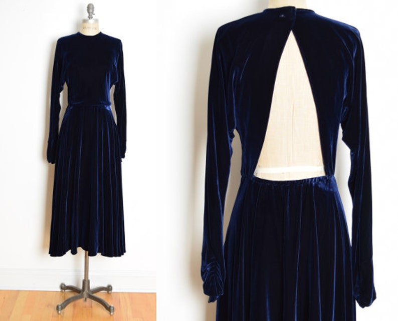 vintage 80s does 30s dress navy blue velvet backless cutout party gown XS S image 1