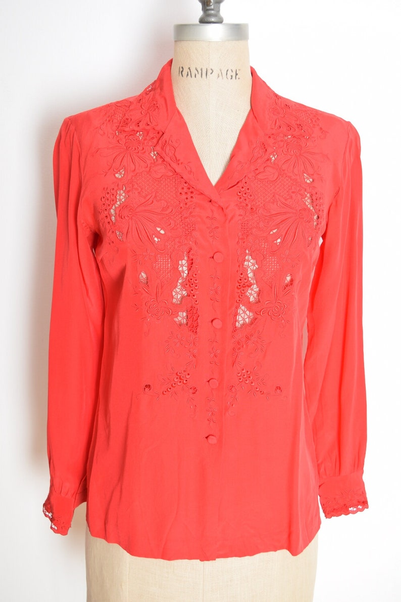 vintage 80s top red silk cutwork embroidered secretary blouse shirt S clothing