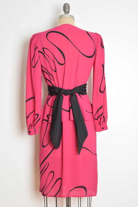 vintage 80s dress magenta pink black swirl print … - image 7