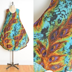 vintage 90s dress peacock feather print tie dye trapeze colorful hippie sun dress clothing image 1