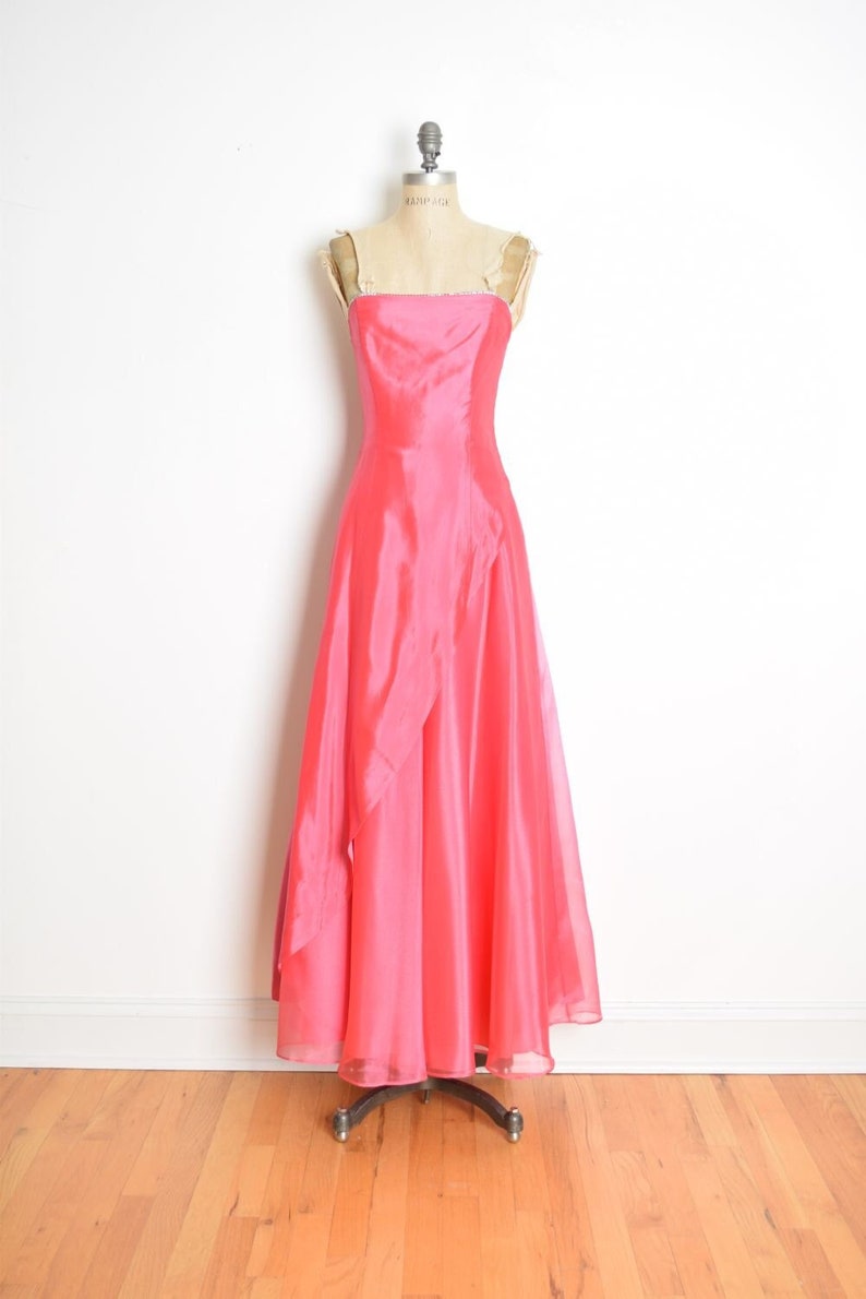 vintage 90s prom dress pink strapless long satin evening gown party dress magenta XS clothing image 1