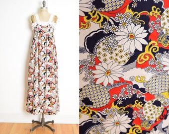 vintage 70s maxi vestido psicodélico floral daisy estampado largo babydoll vestido de sol XS ropa