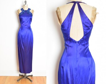 vintage 90s prom dress purple satin sequin cutout McClintock maxi gown party M clothing Gunne Sax