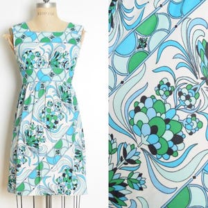 Robe vintage des années 60 bleu vert psychédélique floral imprimé nuisette mini XS vêtements