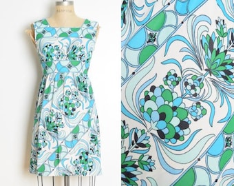 vintage 60s dress blue green psychedelic floral graphic print babydoll mini XS clothing