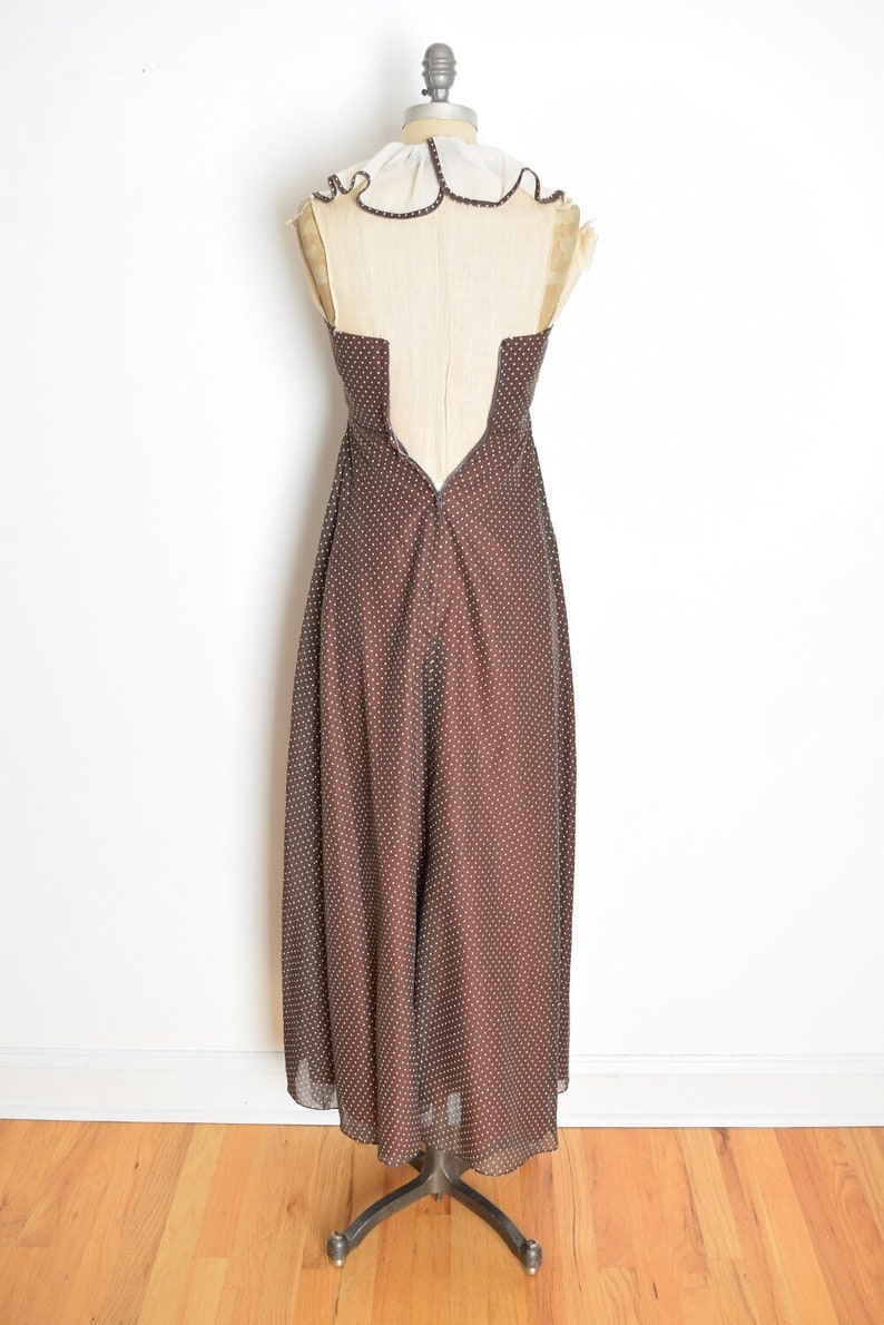 vintage 70s dress Miss Elliette polka dot ruffle long halter maxi prom XS brown clothing shawl set image 6