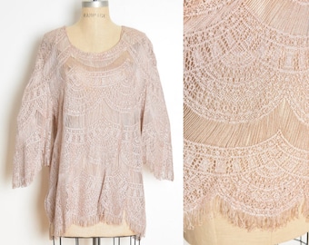 vintage 80s top metallic blush pink crochet flapper tunic shirt blouse L XL clothing