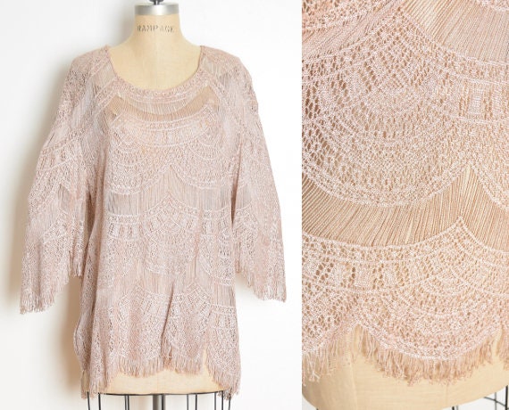 vintage 80s top metallic blush pink crochet flapp… - image 1