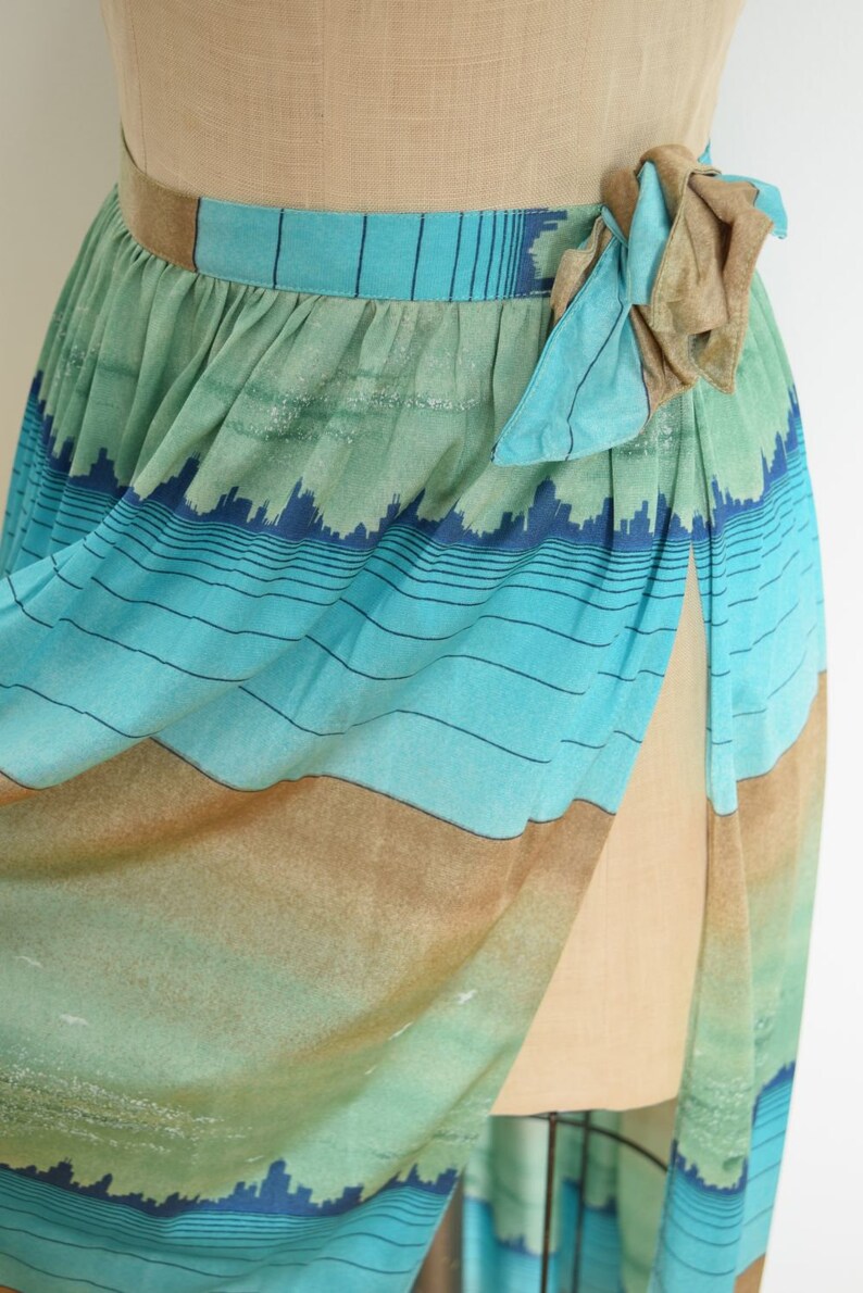 vintage 70s skirt art deco city novelty print blue green long maxi coverup M clothing image 4