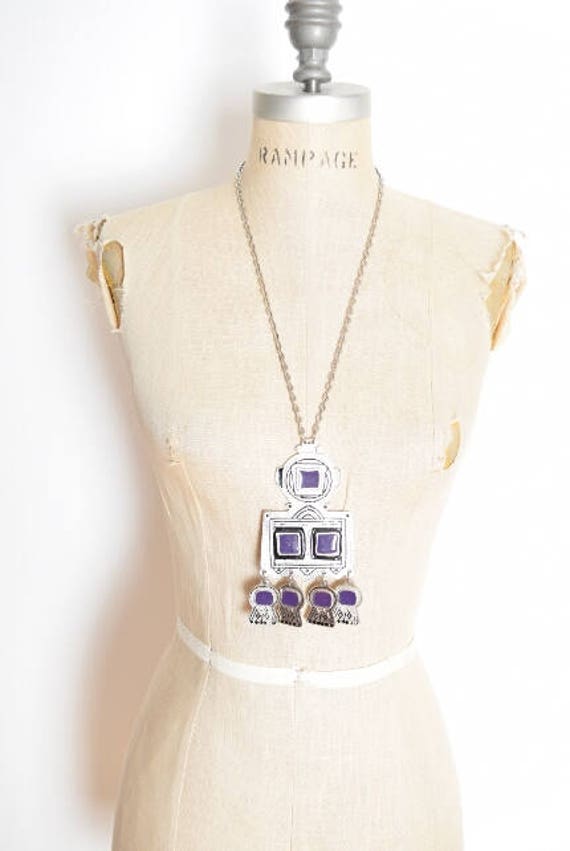 vintage 90s necklace, 90s pendant, silver color, huge necklace, southwest necklace, robot necklace big necklace big pendant enamel necklace