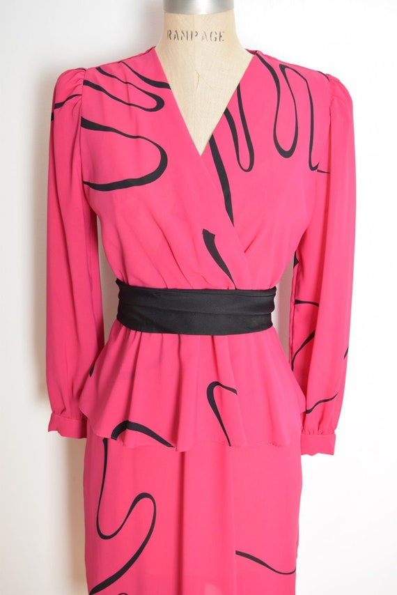 vintage 80s dress magenta pink black swirl print … - image 3