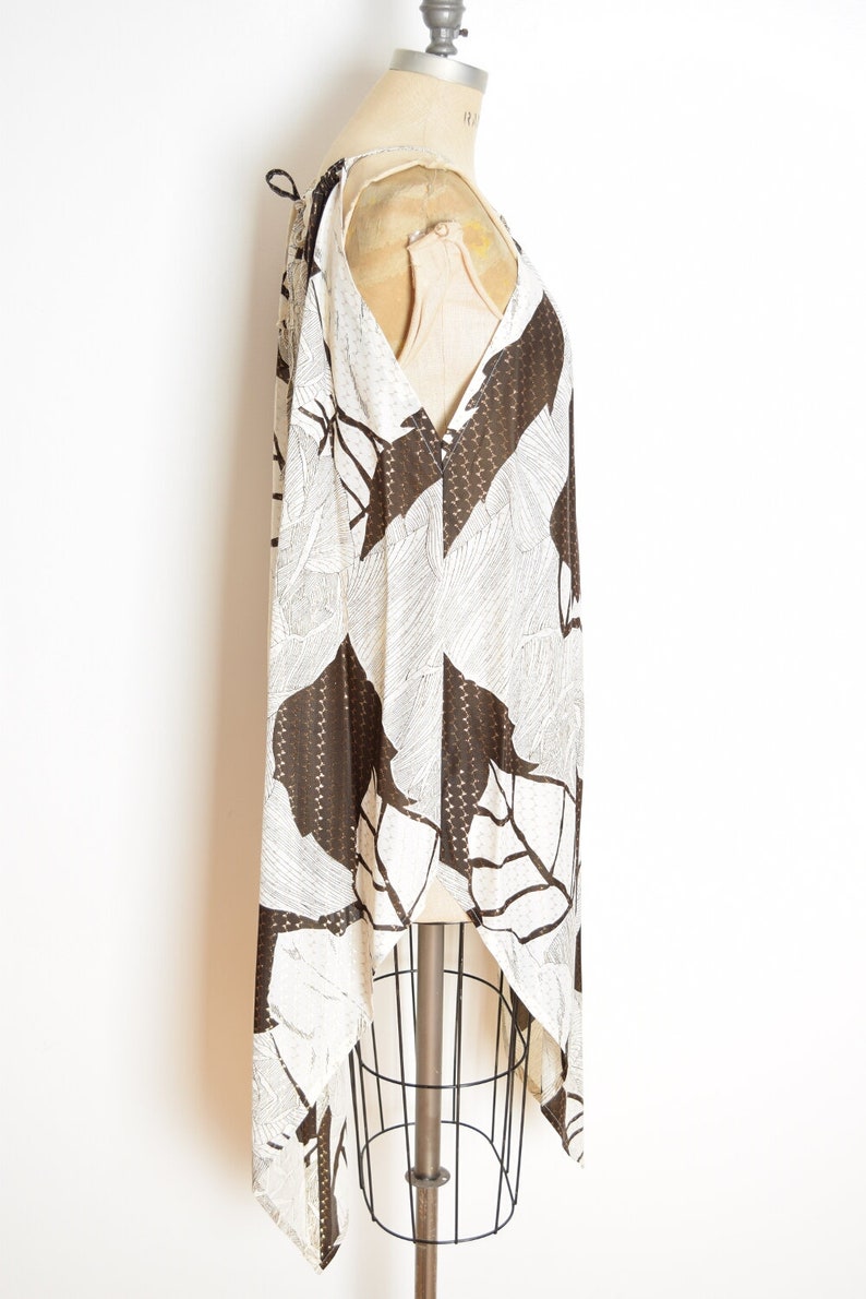 vintage 70s scarf dress white brown metallic floral print disco tunic mini L XL roses clothing image 5