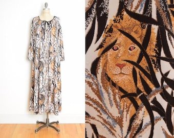 vintage 70s maxi dress jungle cat lion tiger print draped caftan hippie boho M L